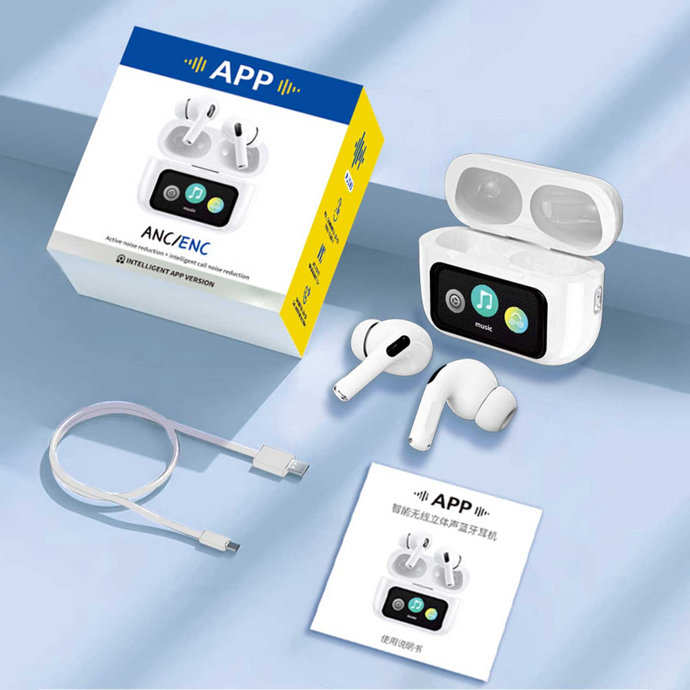 A9 Pro App ANC/ENC Wireless Earbuds BT 5.4 Touch Display – ZWSVIBE White