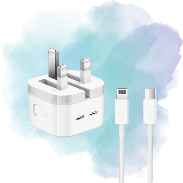 iPhone 14 Pro 50W Dual USB-C Power Adapter UK 3 Pin with USB-C to Lightning Cable