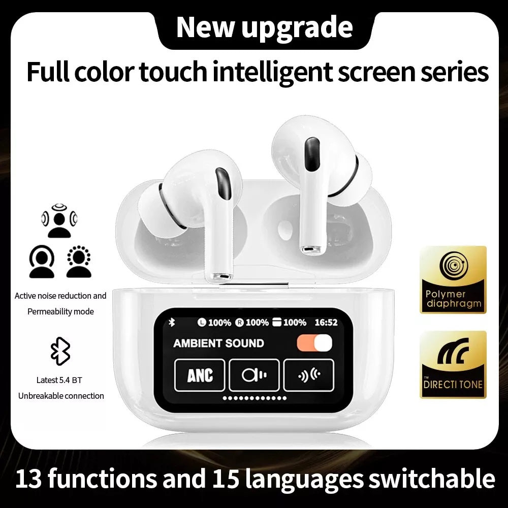 A9 Pro Smart Screen Airpods - Active Noise Cancellation (ANC/ENC) Bluetooth 5.4 Earbuds - White