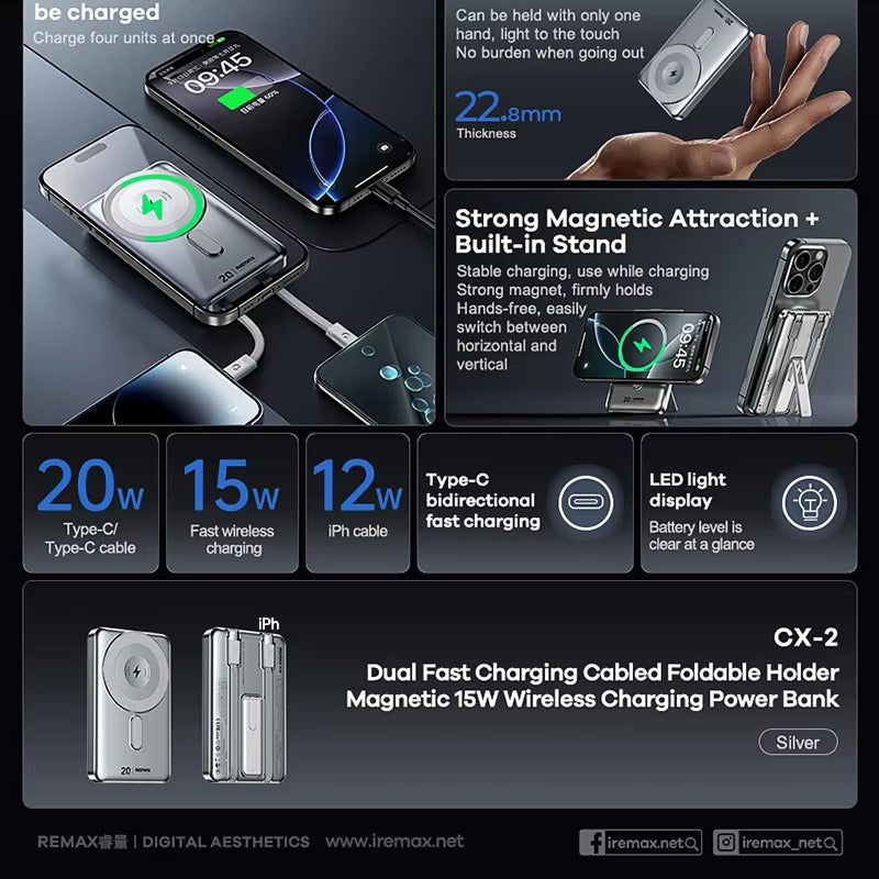 Remax CX-2 10000mAh 15W Wireless Power Bank with Stand – Fast Charging Multi-Output Portable Battery (Silver)