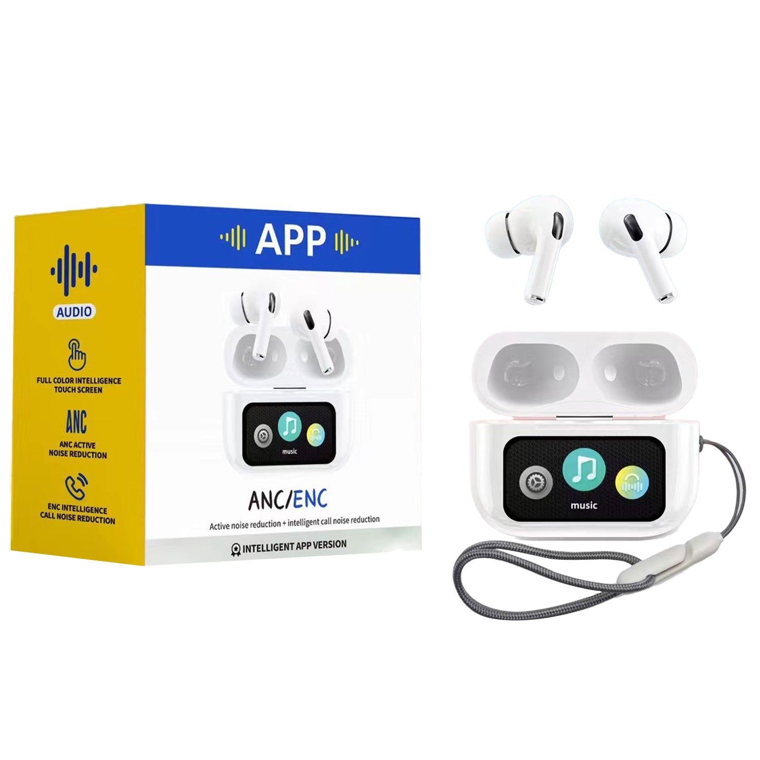 A9 Pro App ANC/ENC Wireless Earbuds BT 5.4 Touch Display – ZWSVIBE White