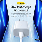 Aspor A801 20W USB-C Fast Charger QC 3.0 US Pin – White