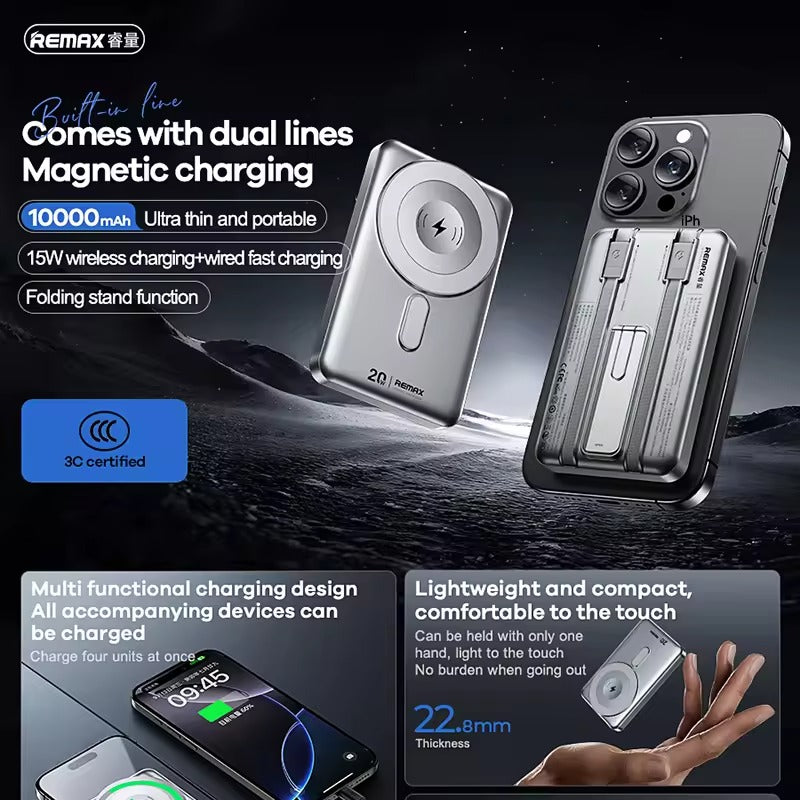 Remax CX-2 10000mAh 15W Wireless Power Bank with Stand – Fast Charging Multi-Output Portable Battery (Silver)