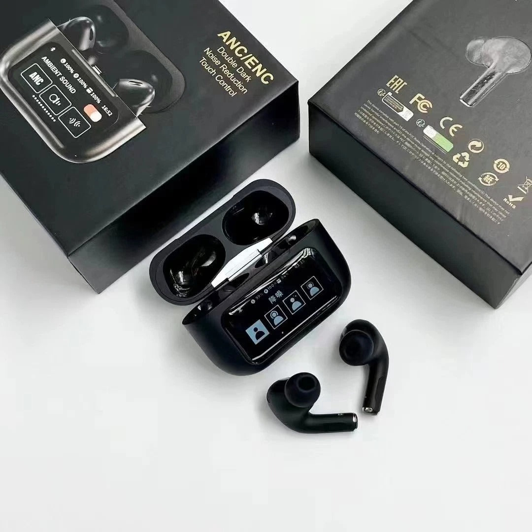 A9 Pro Smart Screen Airpods - Active Noise Cancellation (ANC/ENC) Bluetooth 5.4 Earbuds - Black