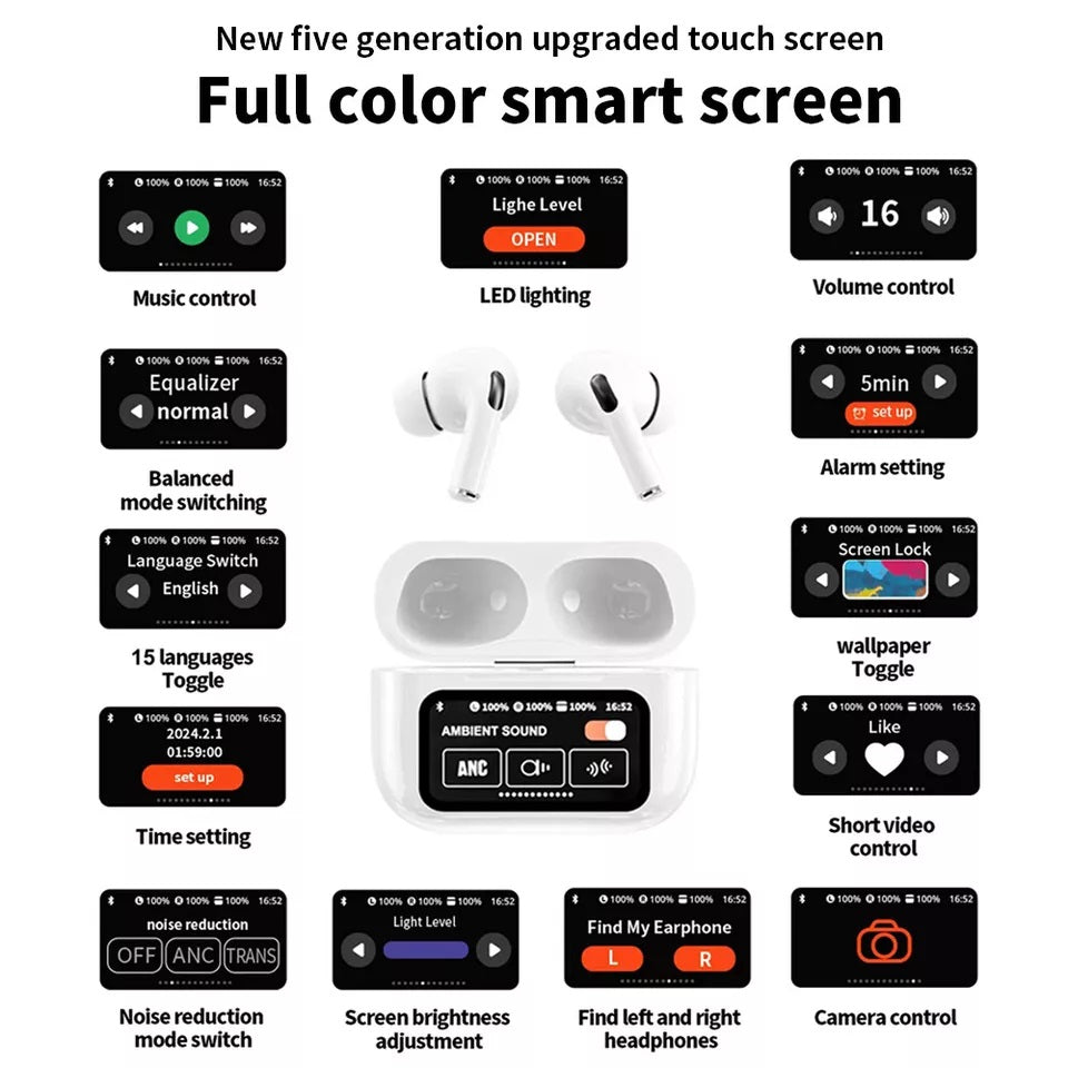 A9 Pro Smart Screen Airpods - Active Noise Cancellation (ANC/ENC) Bluetooth 5.4 Earbuds - White