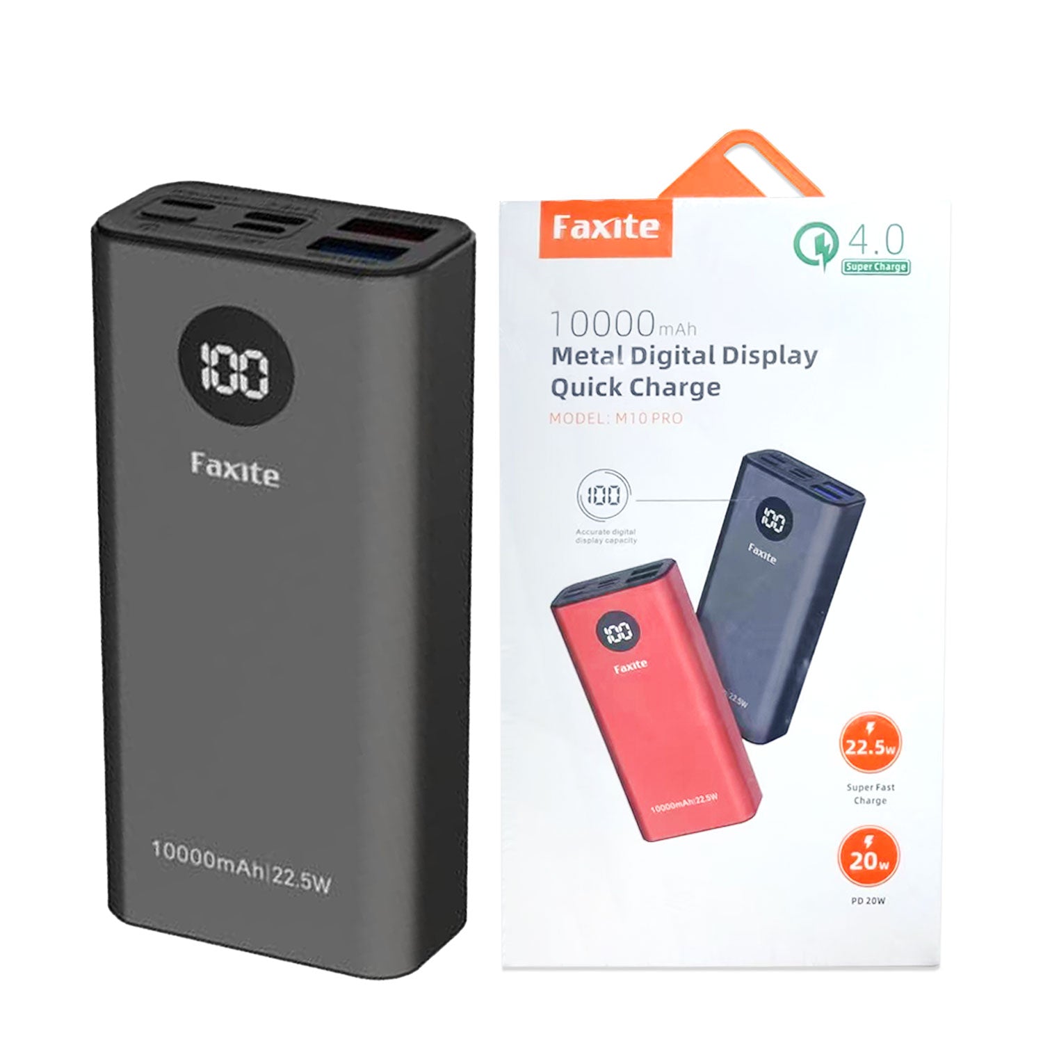 Faxite M10 Pro 10000mAh 22.5W Metal Power Bank with Digital Display & QC 4.0 Fast Charging