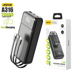 Aspor A316 20000mAh 22.5W Fast Charging Power Bank with Built-in Cables