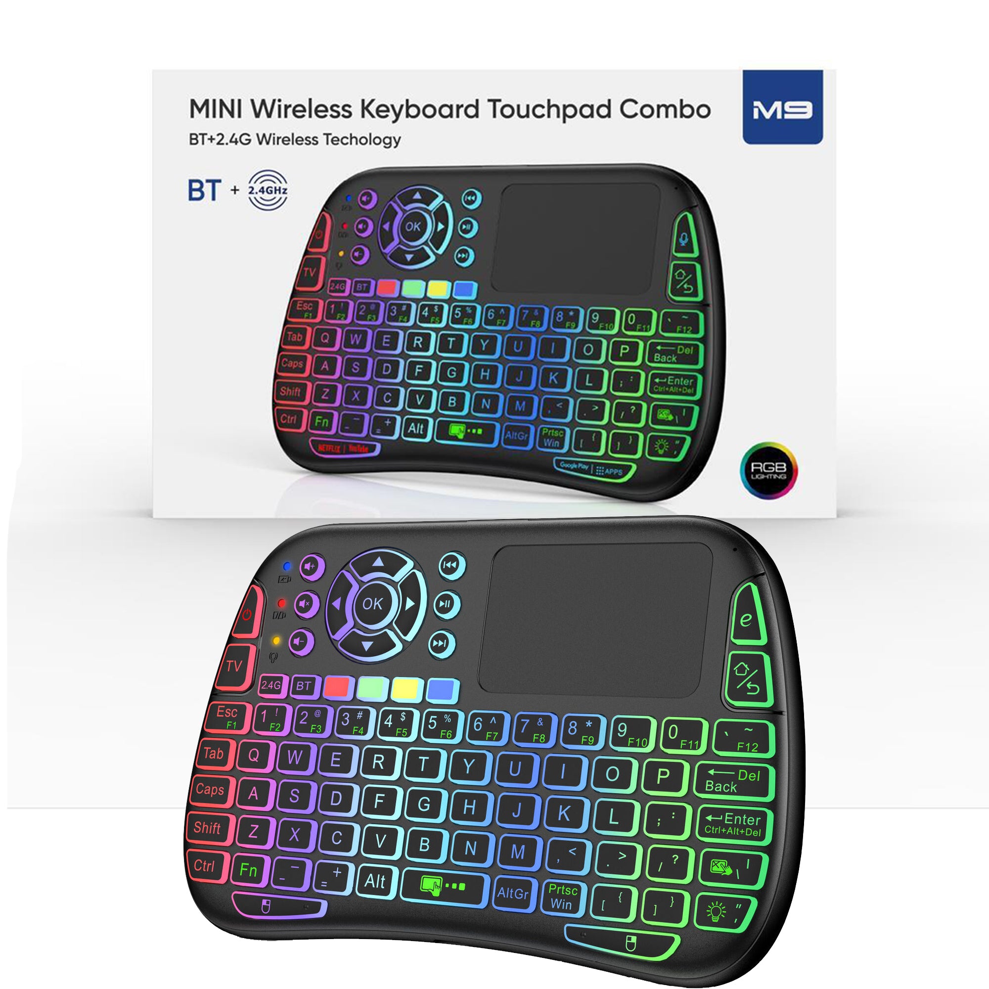 M9 Bluetooth Mini Wireless Keyboard 2.4G Air Mouse Remote Touchpad – 7 Color Backlit