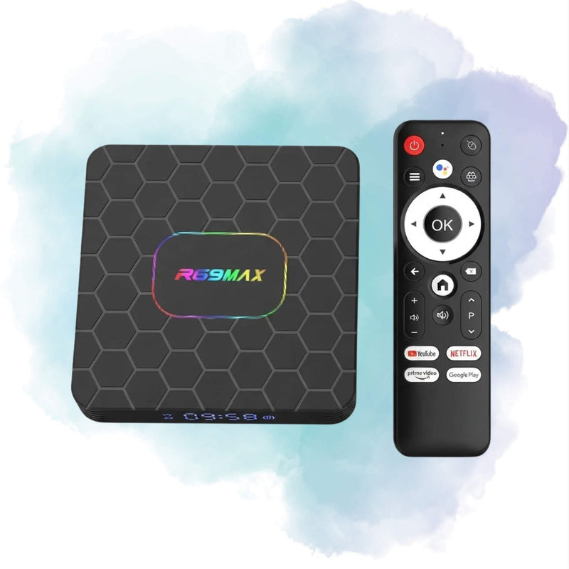 R69 Max Android 14 Smart TV Box 4GB RAM 32GB WiFi 6 Voice Remote