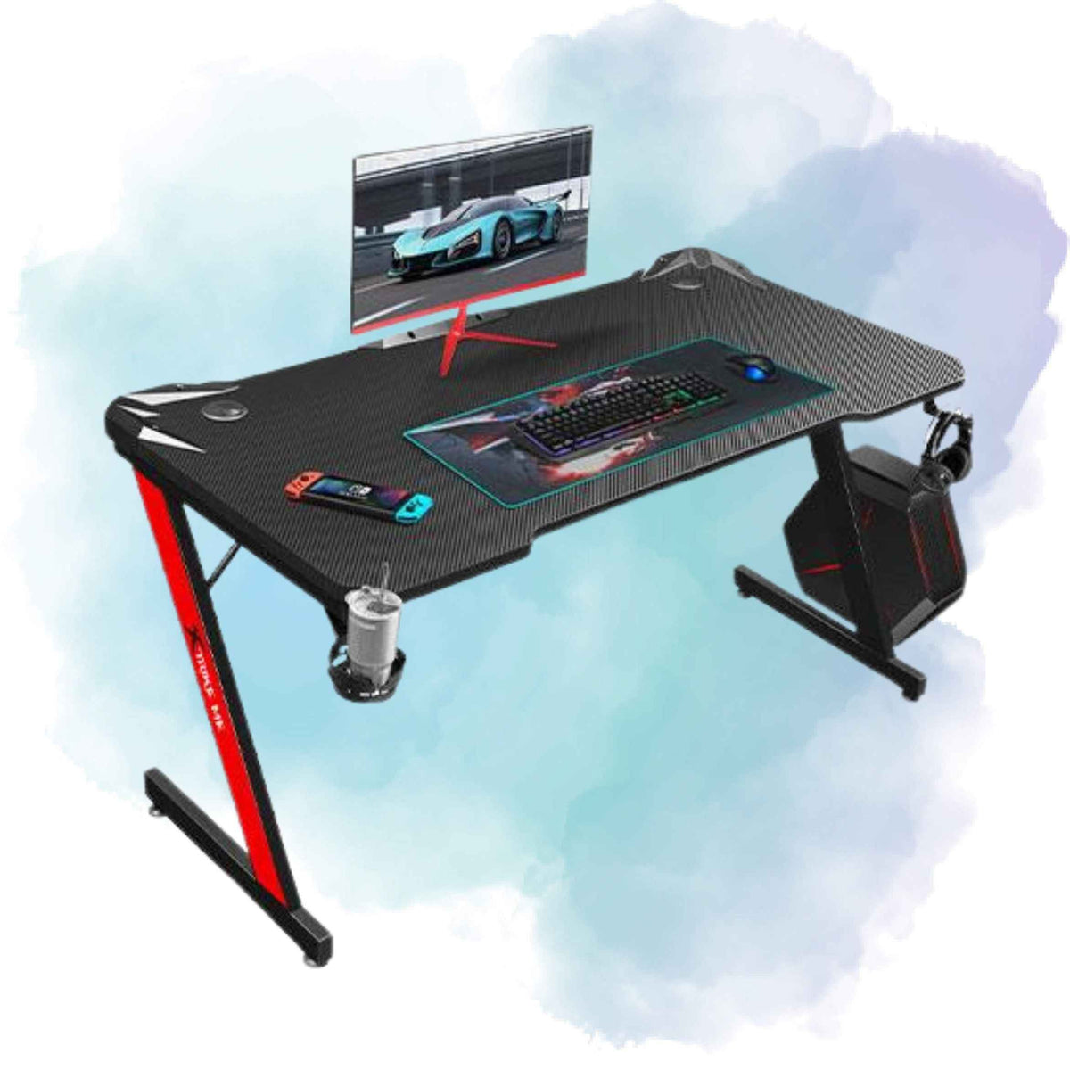 XTRIKE ME DK-02 Ergonomic Gaming Computer Desk with Headphone Hook & Cup Holder – Black